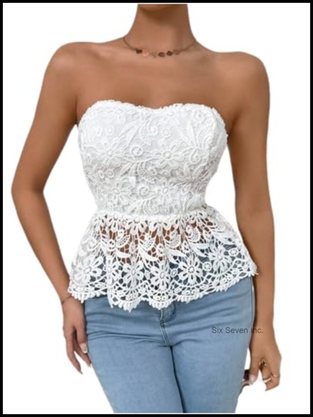 WDIRARA Floral Lace Strapless Peplum Tube Top Sheer Sleeveless